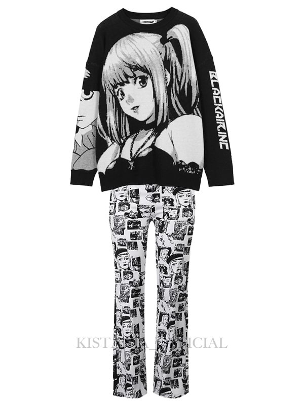 Harajuku Style Anime Graphic Oversize Jumper Sweaters + Goth Printing Slim Middle Waist Pants 2 Pieces Sets