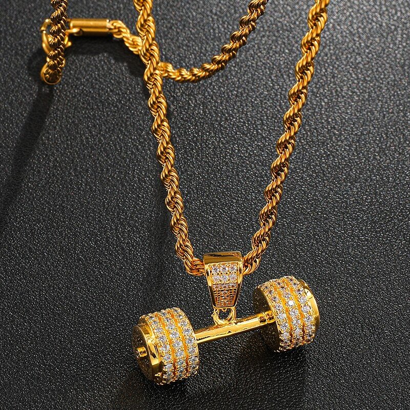 Iced Out Barbell Dumbbell Pendant Necklaces-VESSFUL
