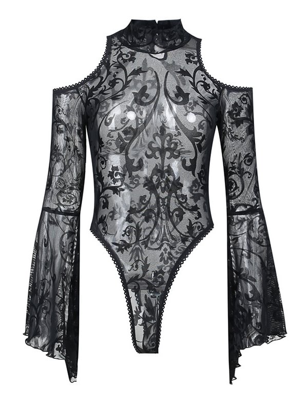 Gothic Dark Lace See Through Floral Jacquard Long Bell Sleeve Off The Shoulder Slim Bodysuit
