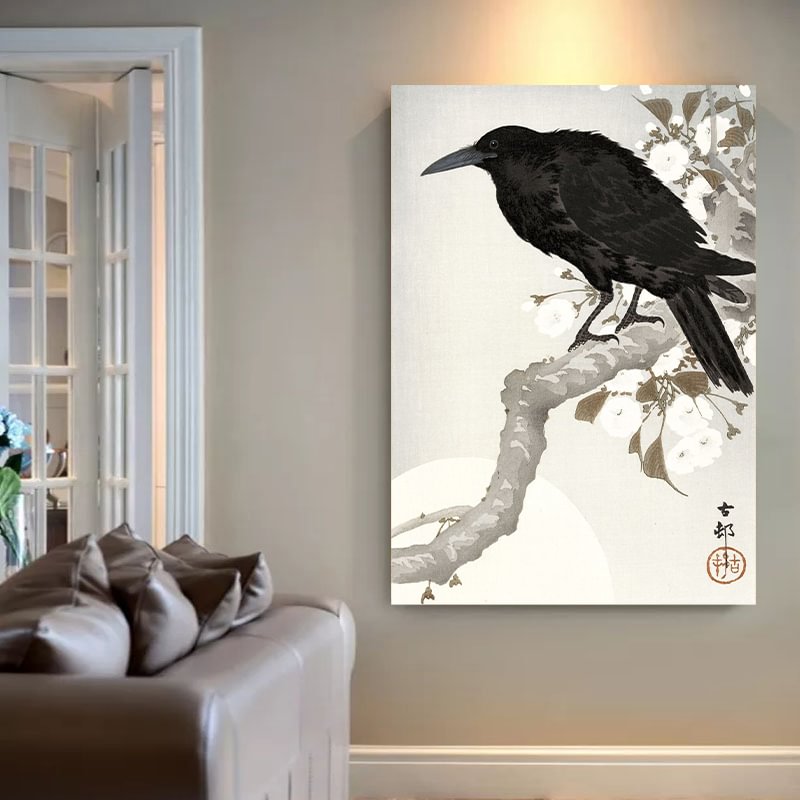 Crow On Branch Canvas Art