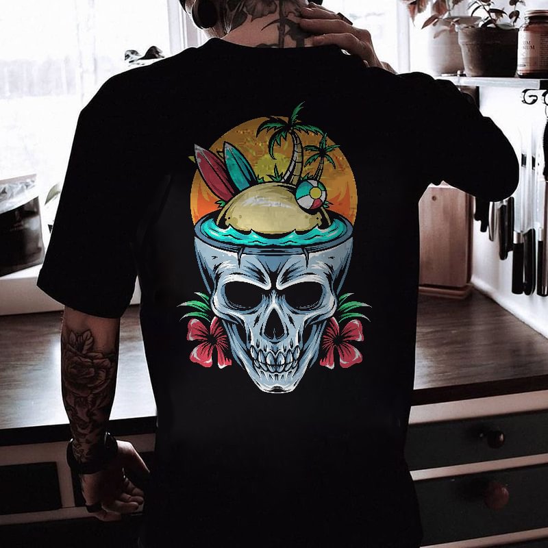 Cloeinc  Skull Coconut Tree Beach Landscape Printed Men's T-shirt - Cloeinc