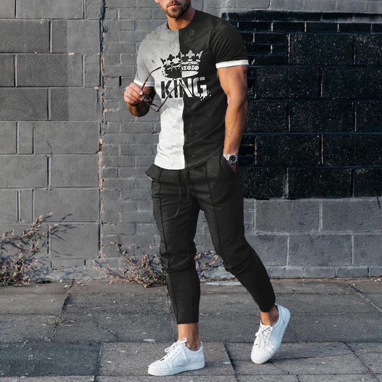BrosWear Contrasting Black And Grey King T-Shirt And Pants Two Piece Set
