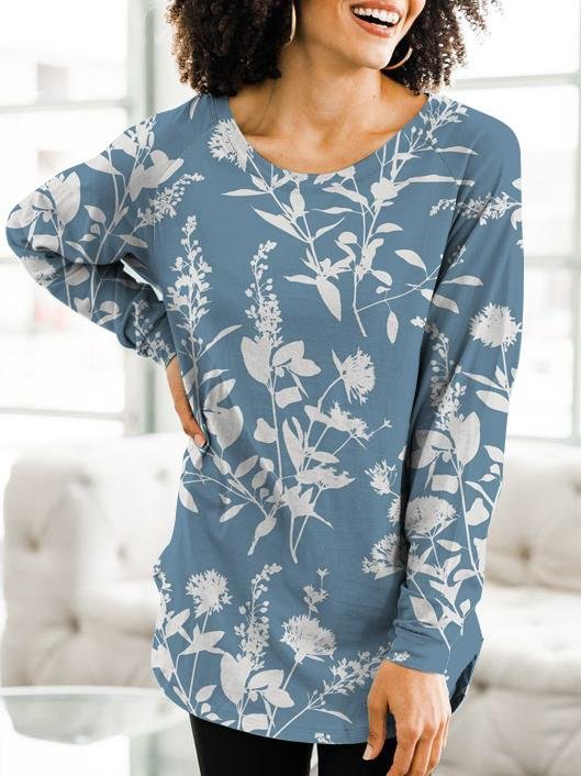 Ladies casual leaf print long-sleeved cotton T-shirt-Mayoulove