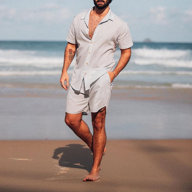 BrosWear Beach Vacation Simple Linen Short Sleeve Shirt Set
