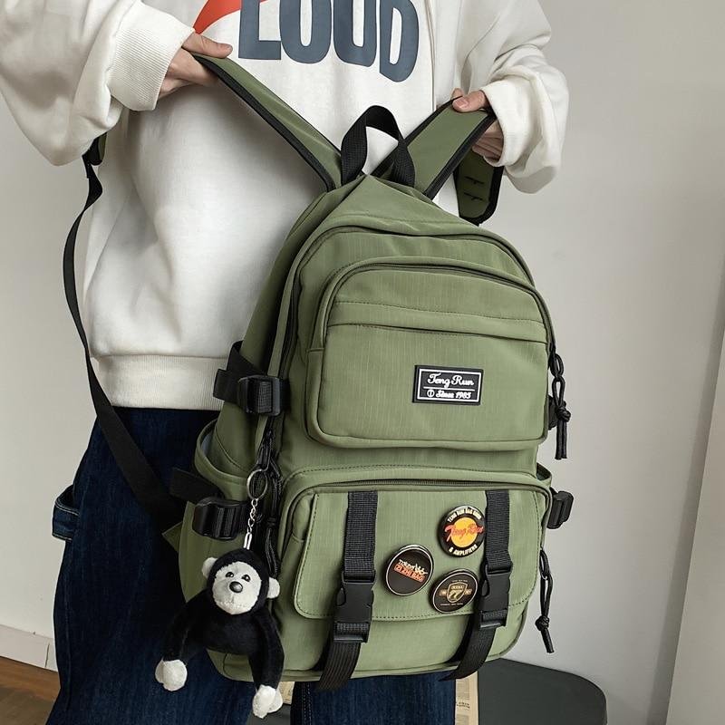 New Multi-pocket Waterproof Nylon Backpack Large Capacity Solid Color Women Schoolbag Men Insert Buckle Laptop Backpacks、、sdecorshop