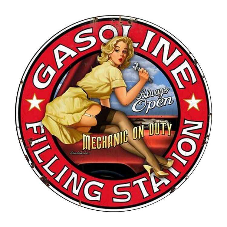 Gasoline Filling Station - Round Vintage Tin Signs/Wooden Signs - 30x30cm