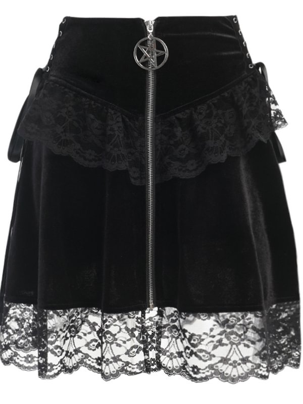 Velvet College Style Lace Front Zipper Lace Up Skirt