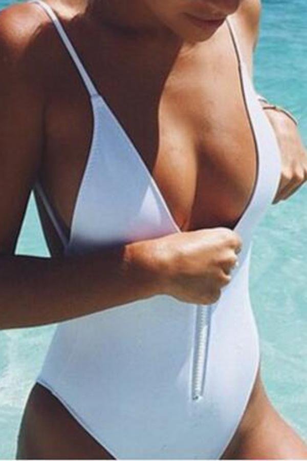 Pure V-neck Zipper Solid Color Siamese Bikini-Fashion-Allyzone