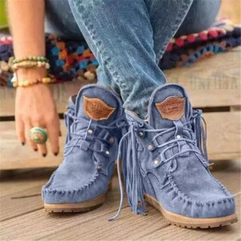 Women's low-top flat-heeled solid color fringed boots - vzzhome