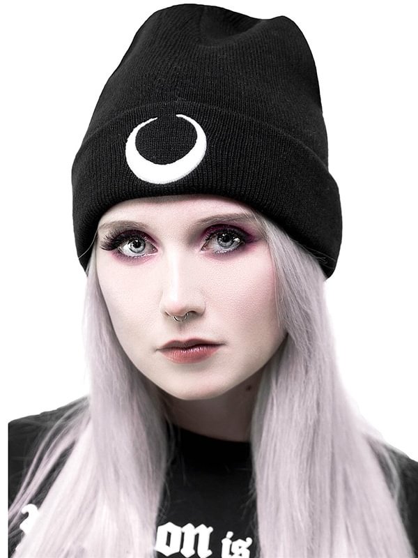 Goth Dark Moon Embroidered Knitted Hat