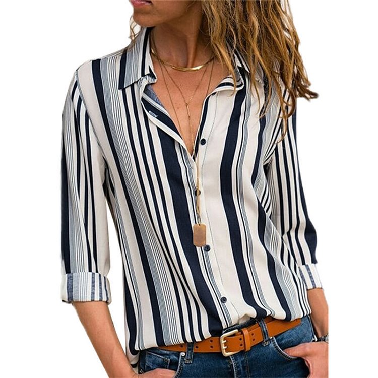 Women V Neck Striped Roll up Sleeve Button Down Blouses Tops