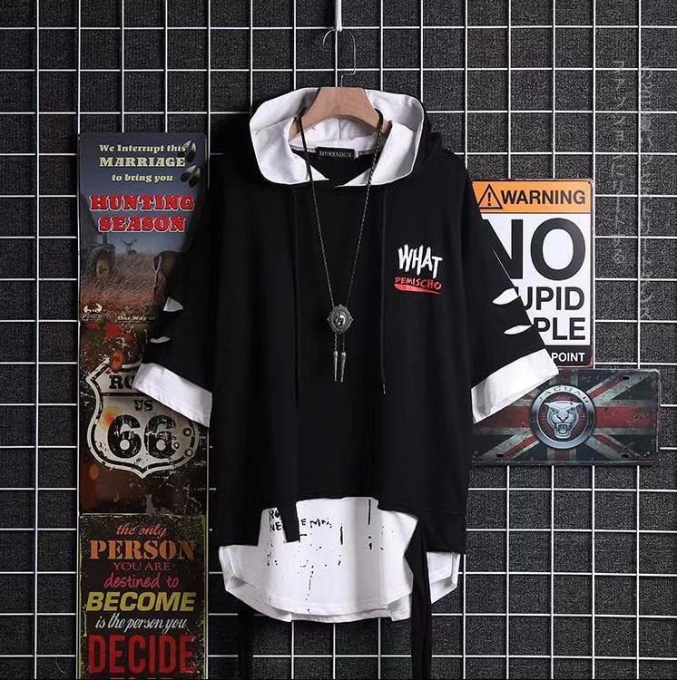 Fashion Ripped Fake Two Piece Hooded T-shirts