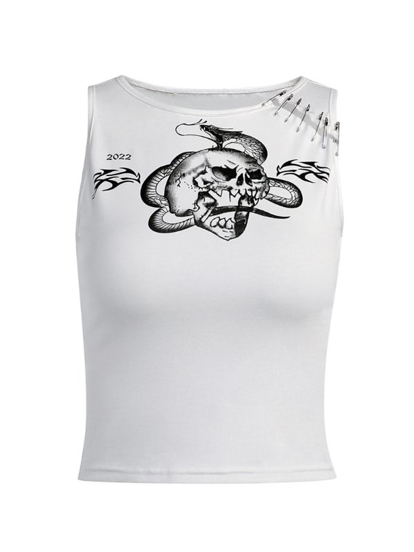 Dark Basic Dragon & Skull Printed Crew Collar Slim Vest