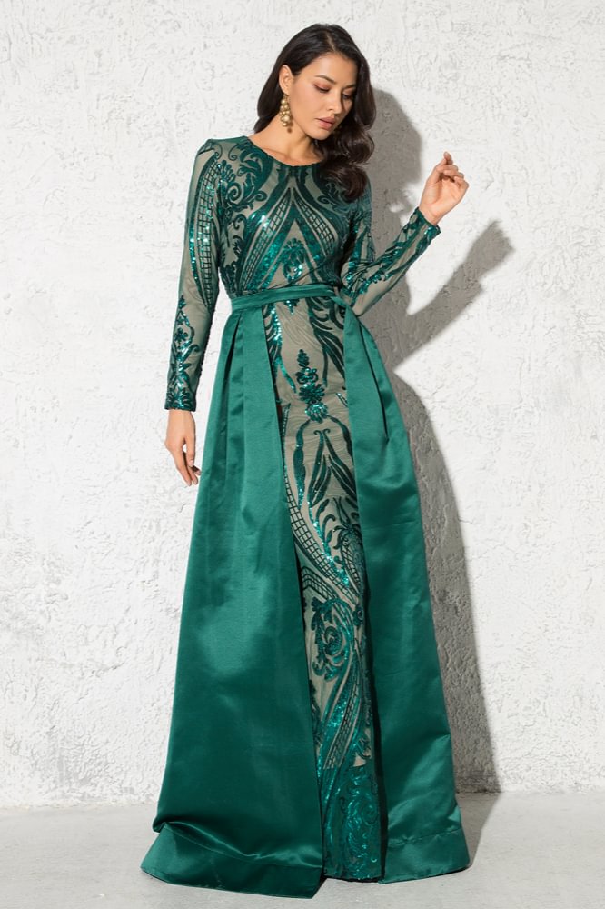 green long sleeve sequins mermaid prom dress with detachable skirt
