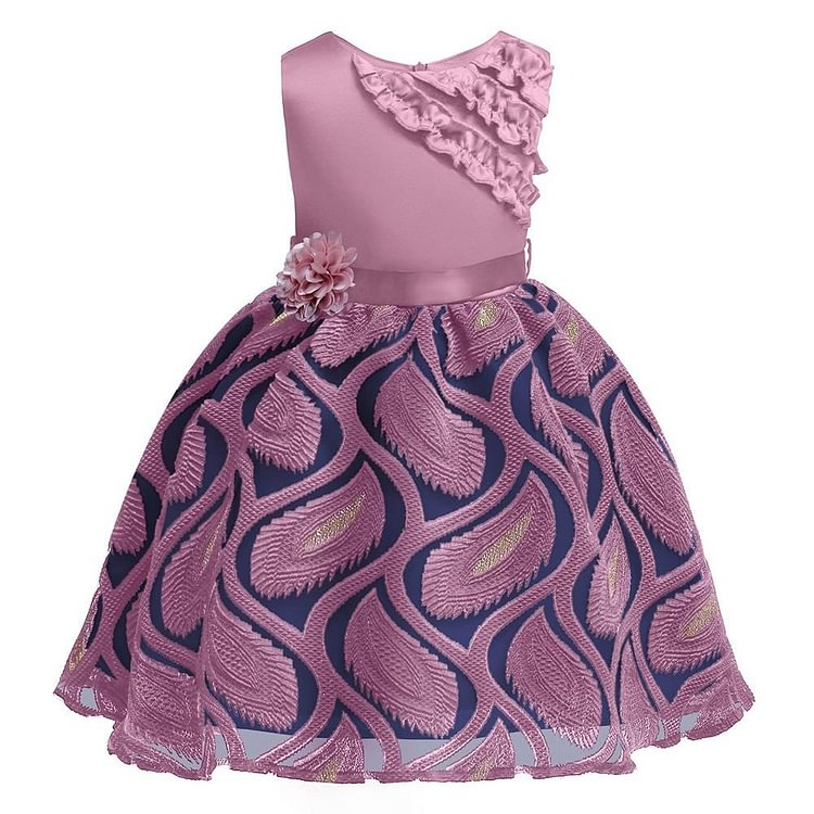 Girls Blue Purple Flower Jacquard Tulle Princess Party Gown Dress-Mayoulove