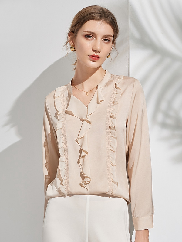 Beige Silk Blouse Simple Solid Ruffled Trim Style
