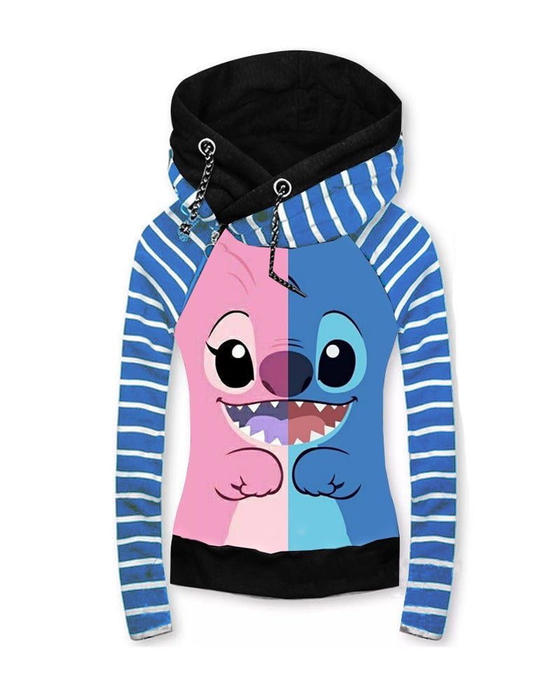 Color Stitching Cartoon Stripe Print Hooded Top