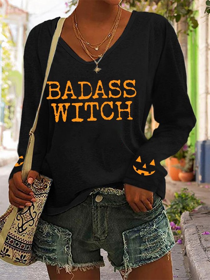 Halloween Women's Funny Badass Witch Pumpkin Face Long-Sleeve T-Shirt