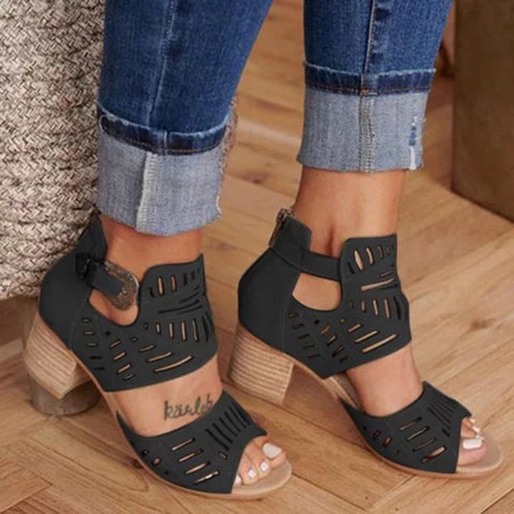 Women Plus Size Breathable Hollow Peep Toe Zipper Chunky Heel Sandals