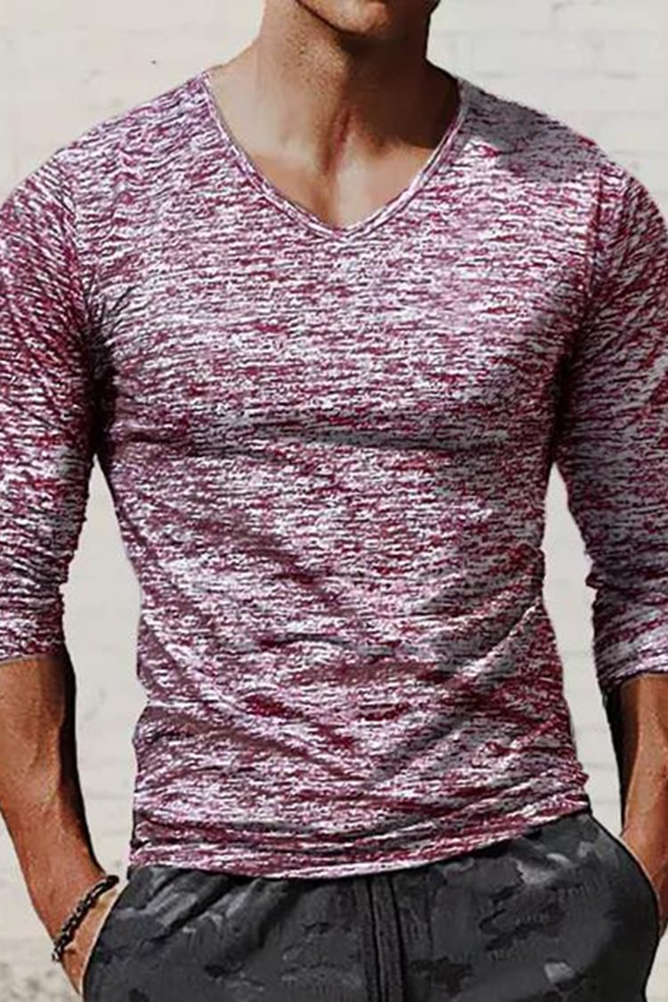 Tiboyz Men's Color Cotton Color Sleeve V-Neck Long Sleeve T-Shirt