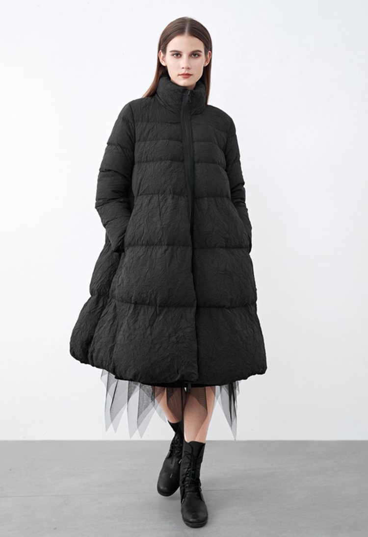 SDEER Long Black Down Jacket With Pleated Texture