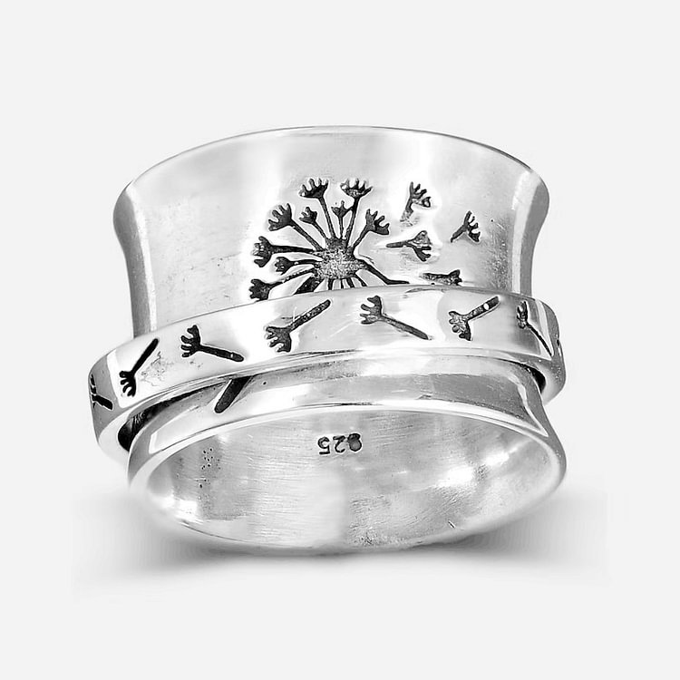 Women's 925 Sterling Silver Spinner Ring Dandelion Flower Fidget Anxiety Relief Wide Band