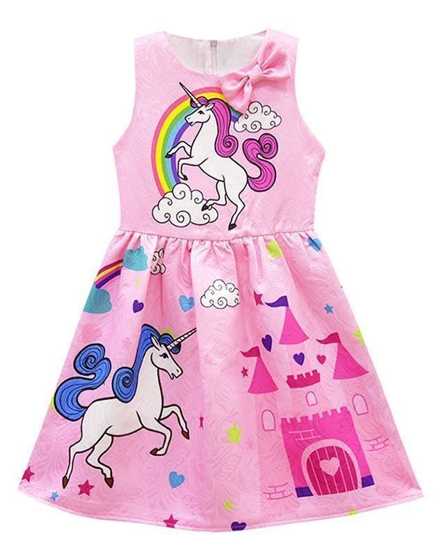 Cute Pink Rainbow Unicorn Print 3-10 Years Girls Butterfly Dress-Mayoulove