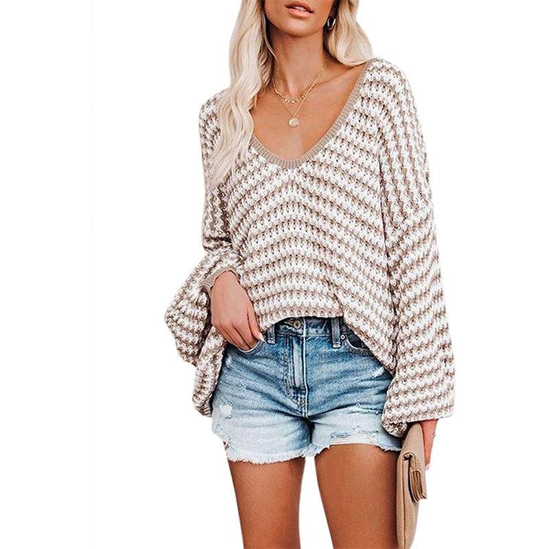 Pullover Striped Sweater V-neck Long Sleeve Sweater-Corachic