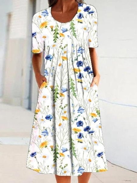 Floral Printing Short Sleeves Casual Linen Dress With Pockets
