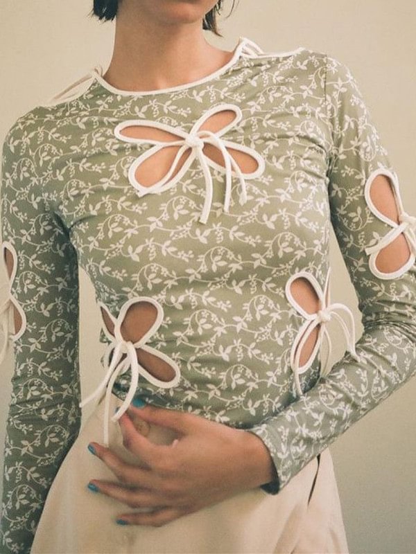 Trendy Sweet Floral Printed Color Block Cutout Bowknots Crew Collar Long Sleeve Slim Top