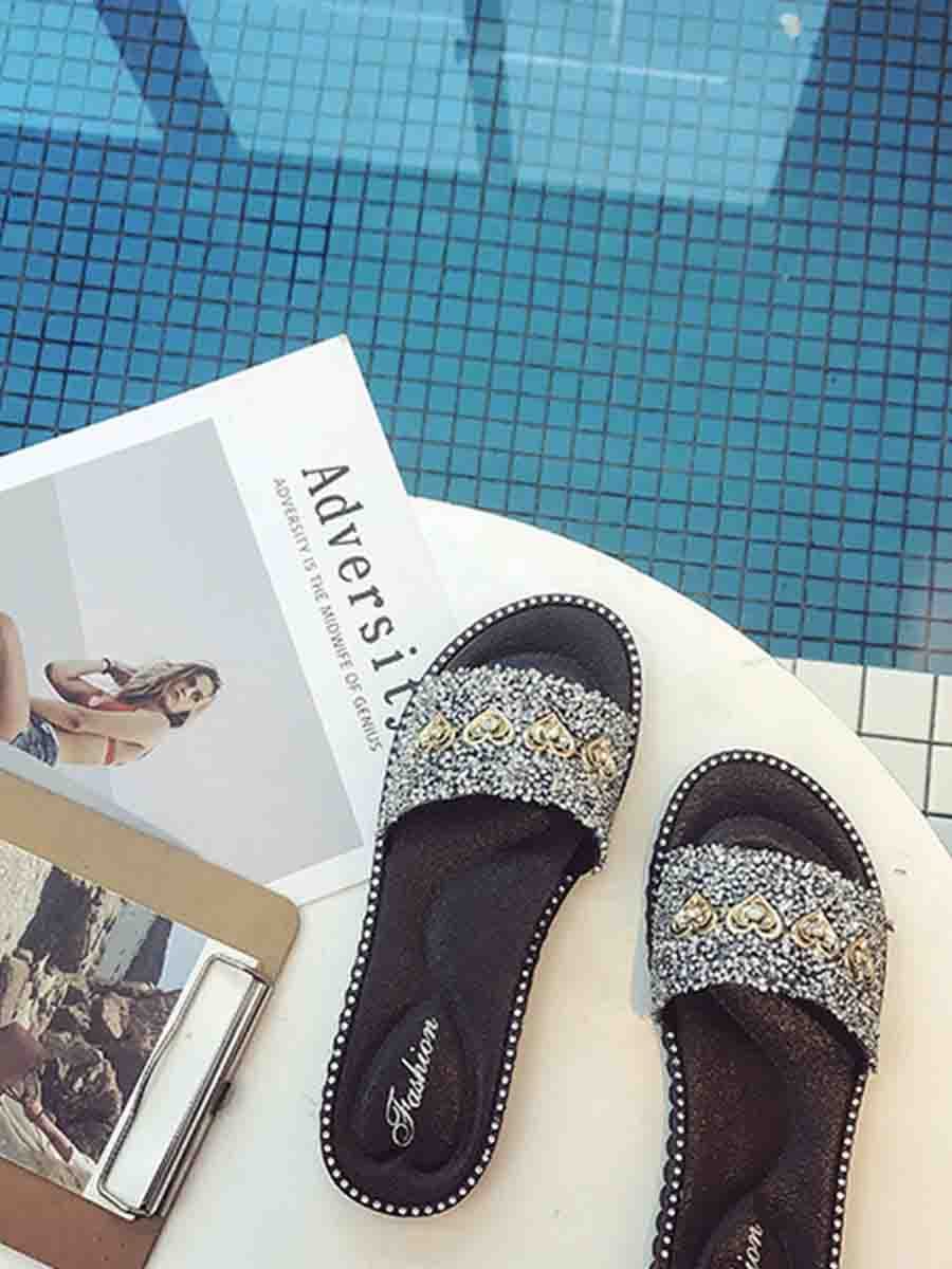 Casual Pearl Decoration Black Slippers P10560