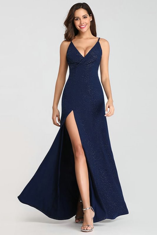 Glittering VNeck Sleeveless Prom Dress Long Evening Party Gowns With Split