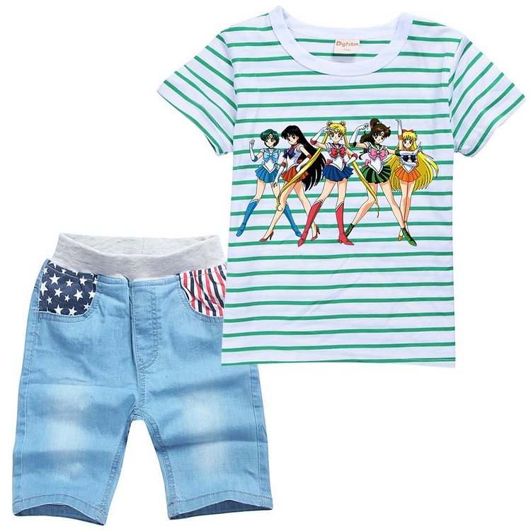 Girls Striped Sailor Moon Print Kids T Shirts Denim Shorts Suit Sets-Mayoulove