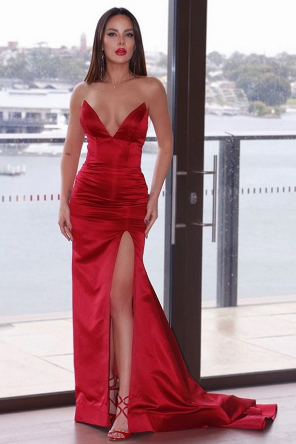 Luluslly Red V-Neck Split Prom Dress Mermaid Party Gowns