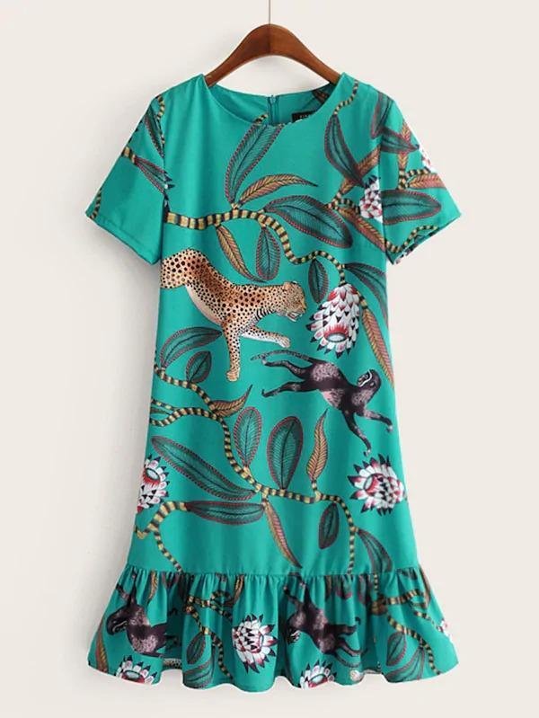 Animal And Tropical Print Zip Back Ruffle Hem Dress-Corachic