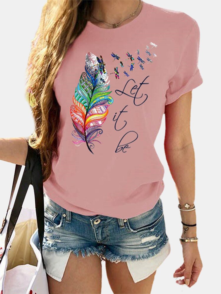 Feather Dragonfly Print Short Sleeve Casual T-shirt For Women