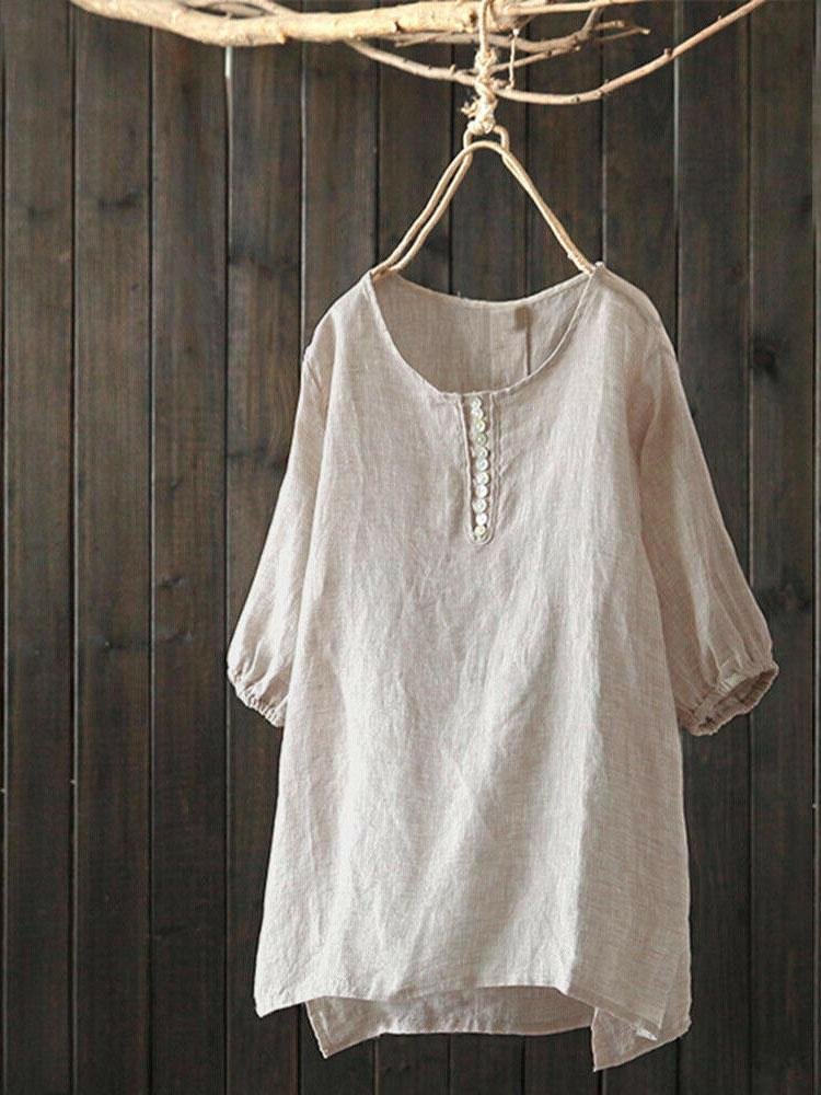 Solid color loose cotton and linen blouse-Mayoulove