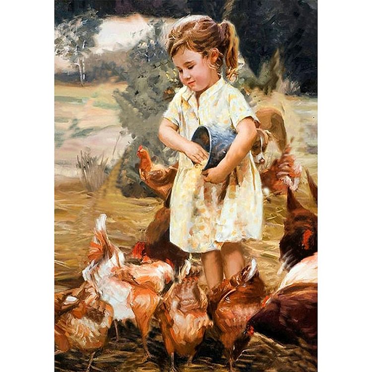Girl Feeding Chicken - Round Drill Diamond Painting - 30*40CM