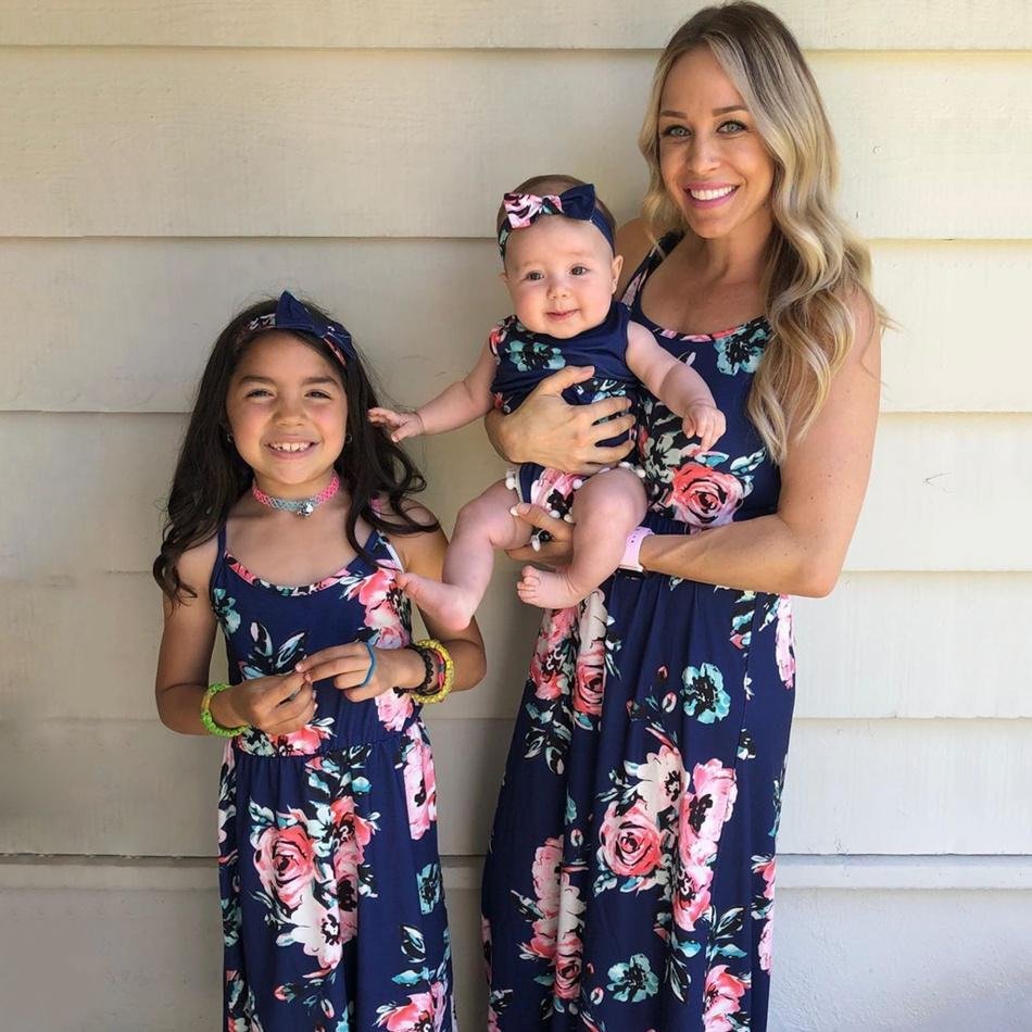 Mommy and Me Floral Dark Blue casual Tank Matching Dresses-Corachic