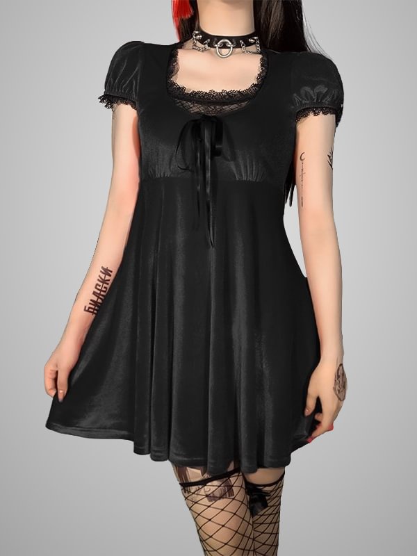Dark Gothic Lace Paneled Velvet Dress