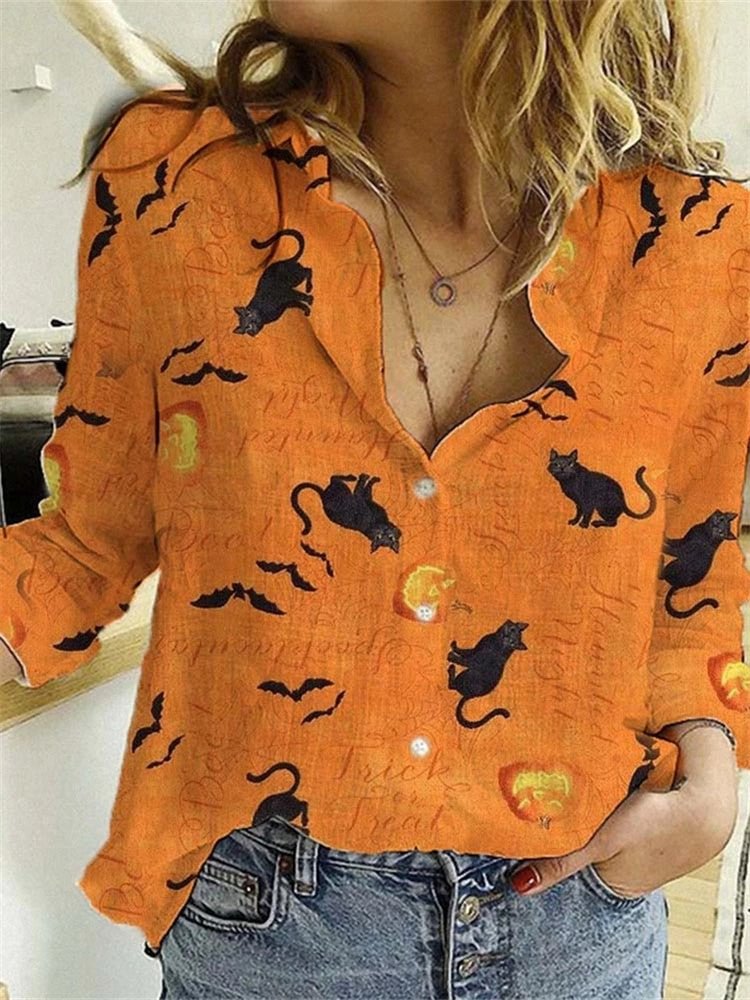 Halloween Cat Pumpkin Bat Pattern Long Sleeve Lapel Shirt