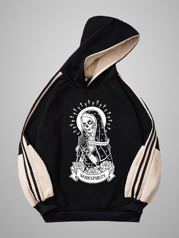 Gothic Dark Street Fashion Hip-pop Style Skull Printed Color Block Crew Collar Long Sleeve Fleece Sweatshirt