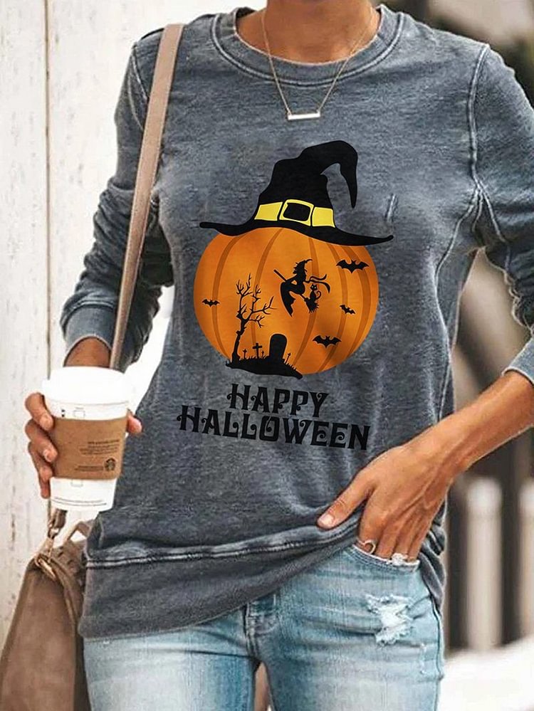 Round Neck Long Sleeve Pumpkin Print Casual Sweatshirts-Mayoulove