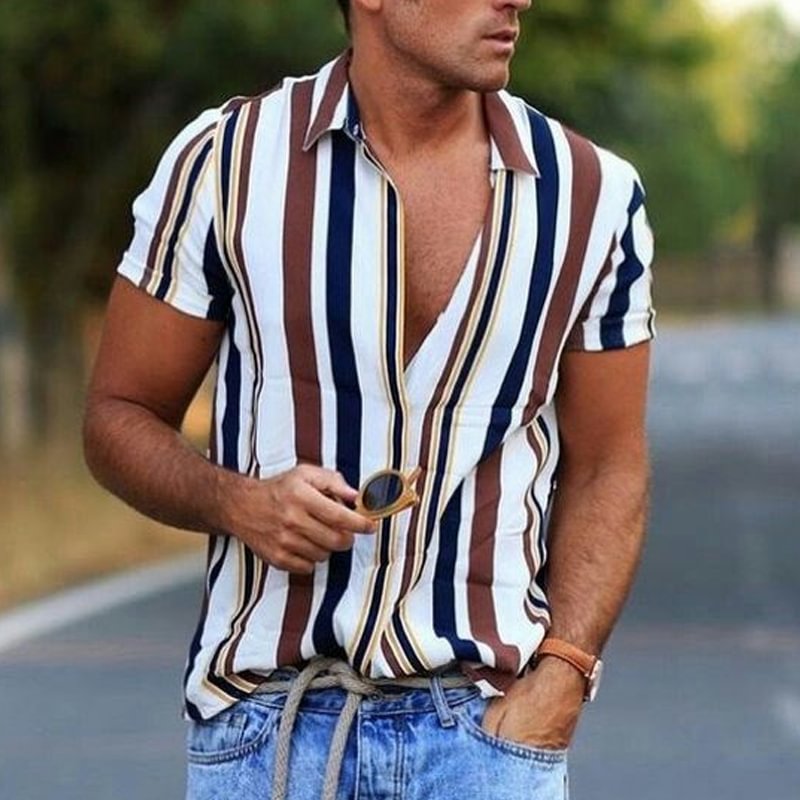 Lapel striped printed casual short-sleeved holiday fashion men's shirt / [viawink] /