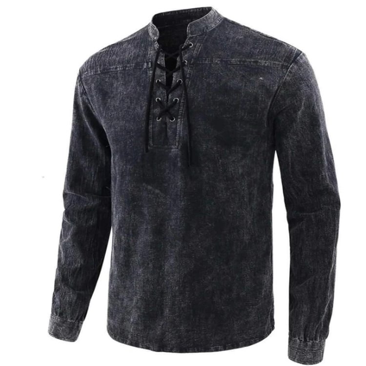 BrosWear Men's Vintage V Neck Lace-up Long Sleeve Shirt black