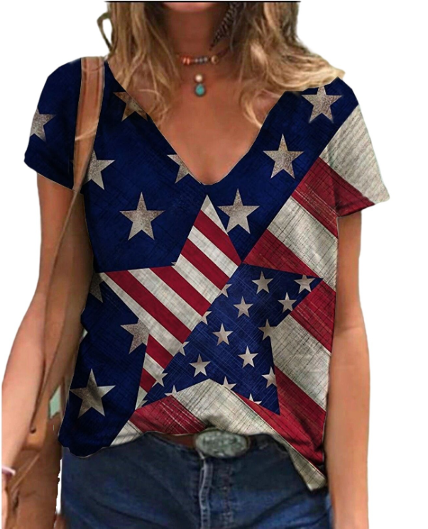 Women's Large V-neck Positioning Printing Independent Day T-shirt