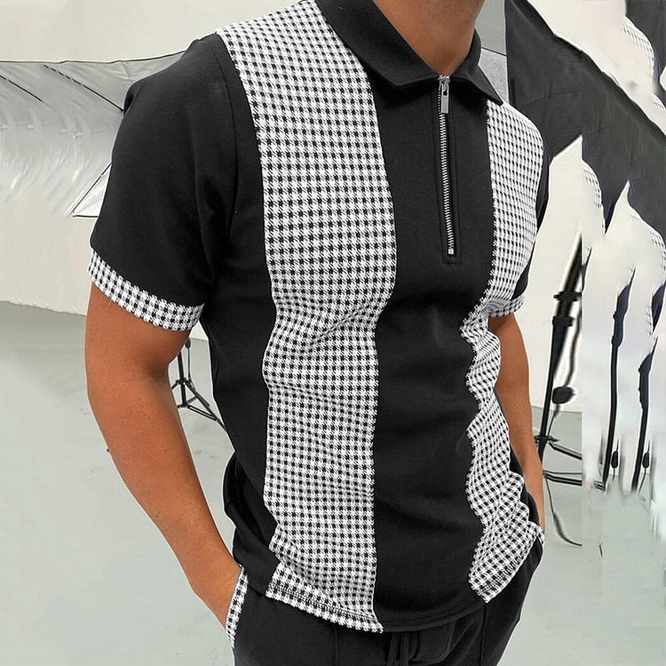 BrosWear Checkered Contrast Color Zipper Polo Shirt Navy Blue	