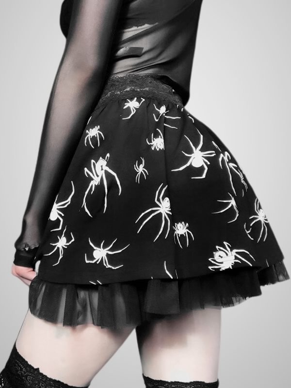 Lace Waist Mesh Bottom Goth Spider Graphic Skirts
