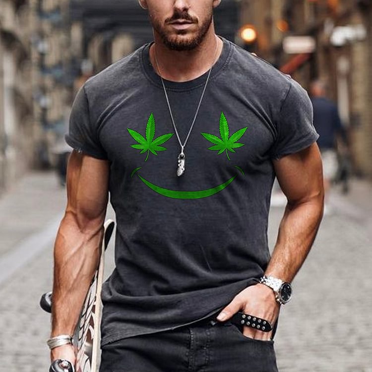 BrosWear Marijuana Leaf Smiley Face Print Casual Short Sleeve T-Shirt
