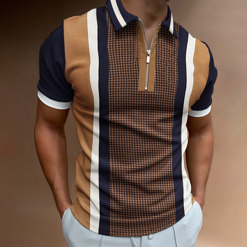 Street Wear Striped Print Casual Short Sleeve Zipper Men's Polo Shirts-VESSFUL